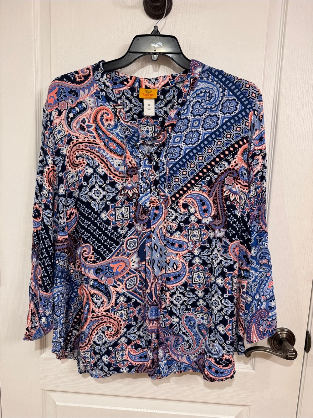 Ruby Rd. Navy & Coral Paisley Tie-Front Blouse